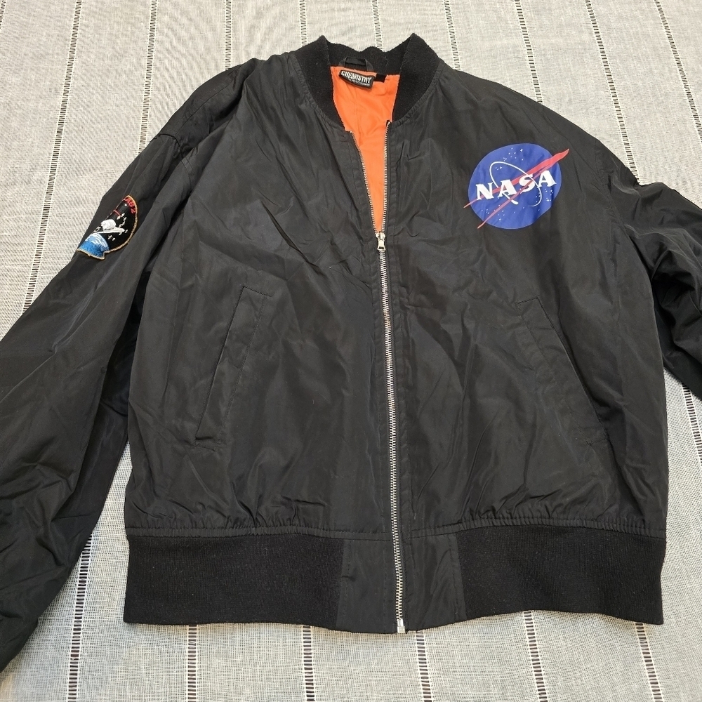 NASA Bomber Jacket With Patches Chemistry Brand Black With Orange Lining Sz Larg - Picture 10 of 16